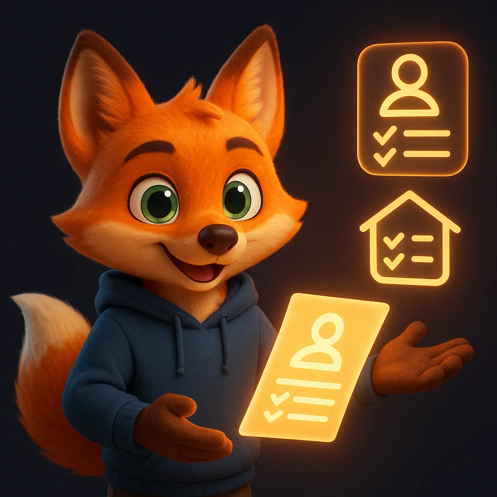 The FoxRadar fox mascot holding a glowing document and pointing to floating checklist icons about safety steps.