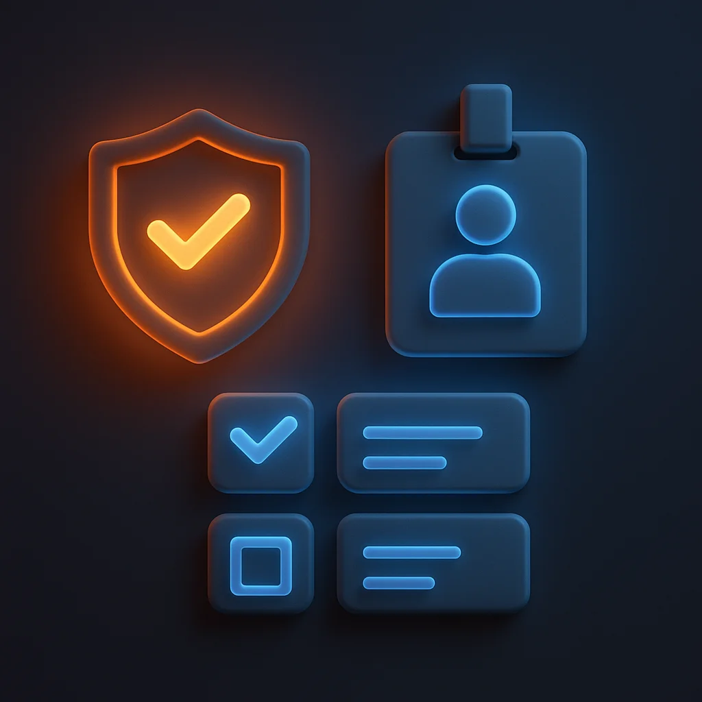 A clean concept illustration of glowing shield and ID badge icons with checklist marks on a dark background.
