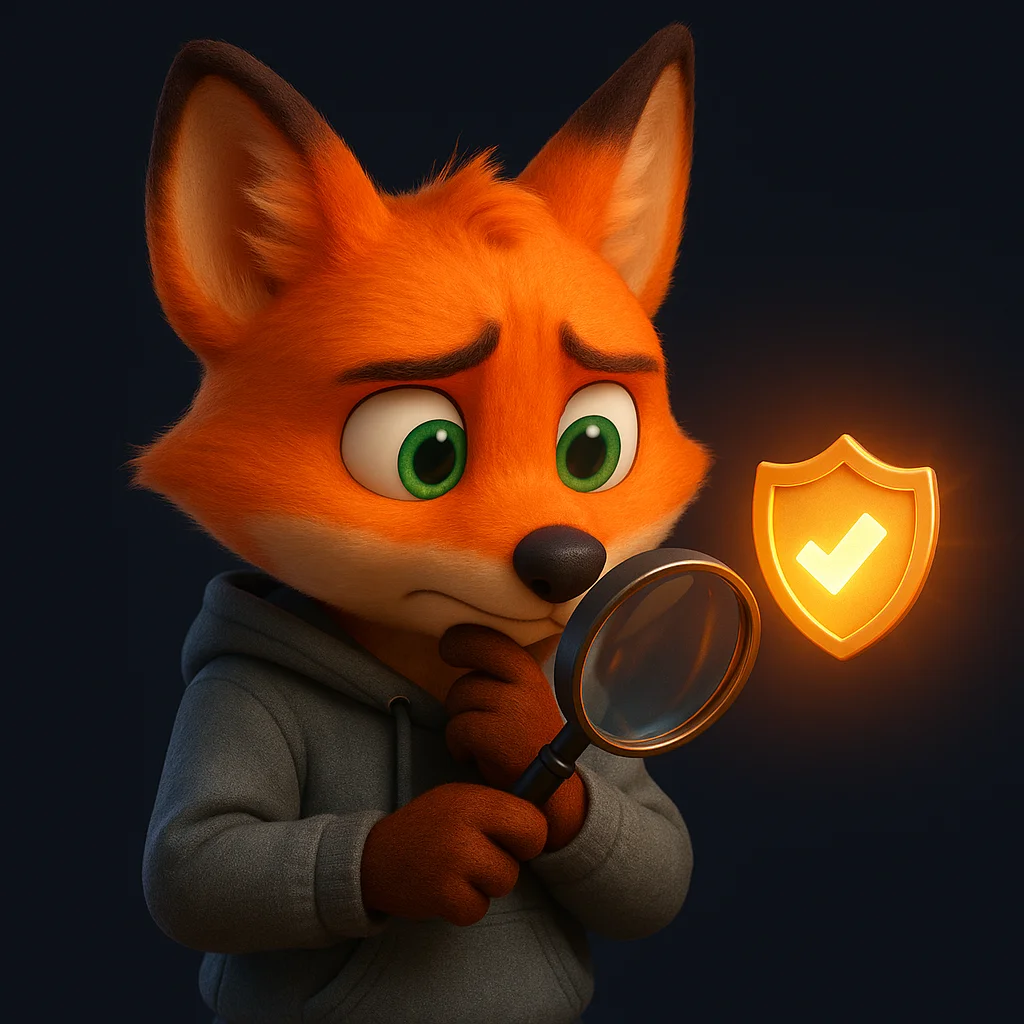 The FoxRadar fox mascot examining a shining security badge with a magnifying glass, thoughtful and focused.