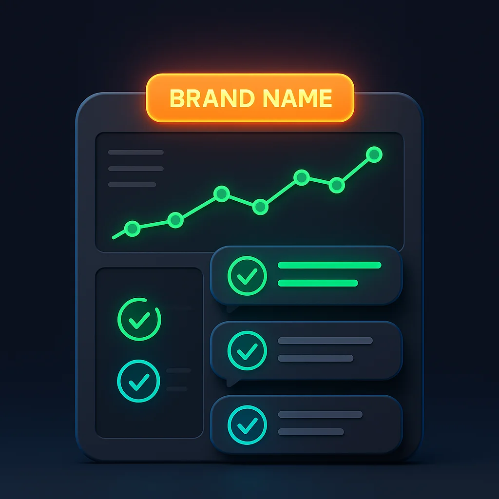 A clean concept illustration of a dashboard with bright visibility scores and a brand name glowing above AI chat bubbles.