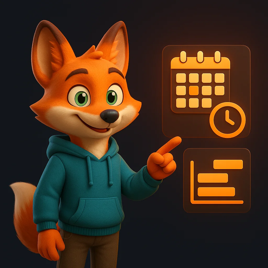 The FoxRadar fox mascot stands and points at floating calendar and wait-time data with a confident smile.