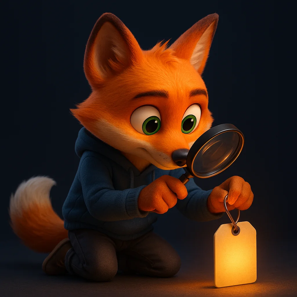 The FoxRadar fox mascot holds a magnifying glass and inspects a glowing date tag closely.