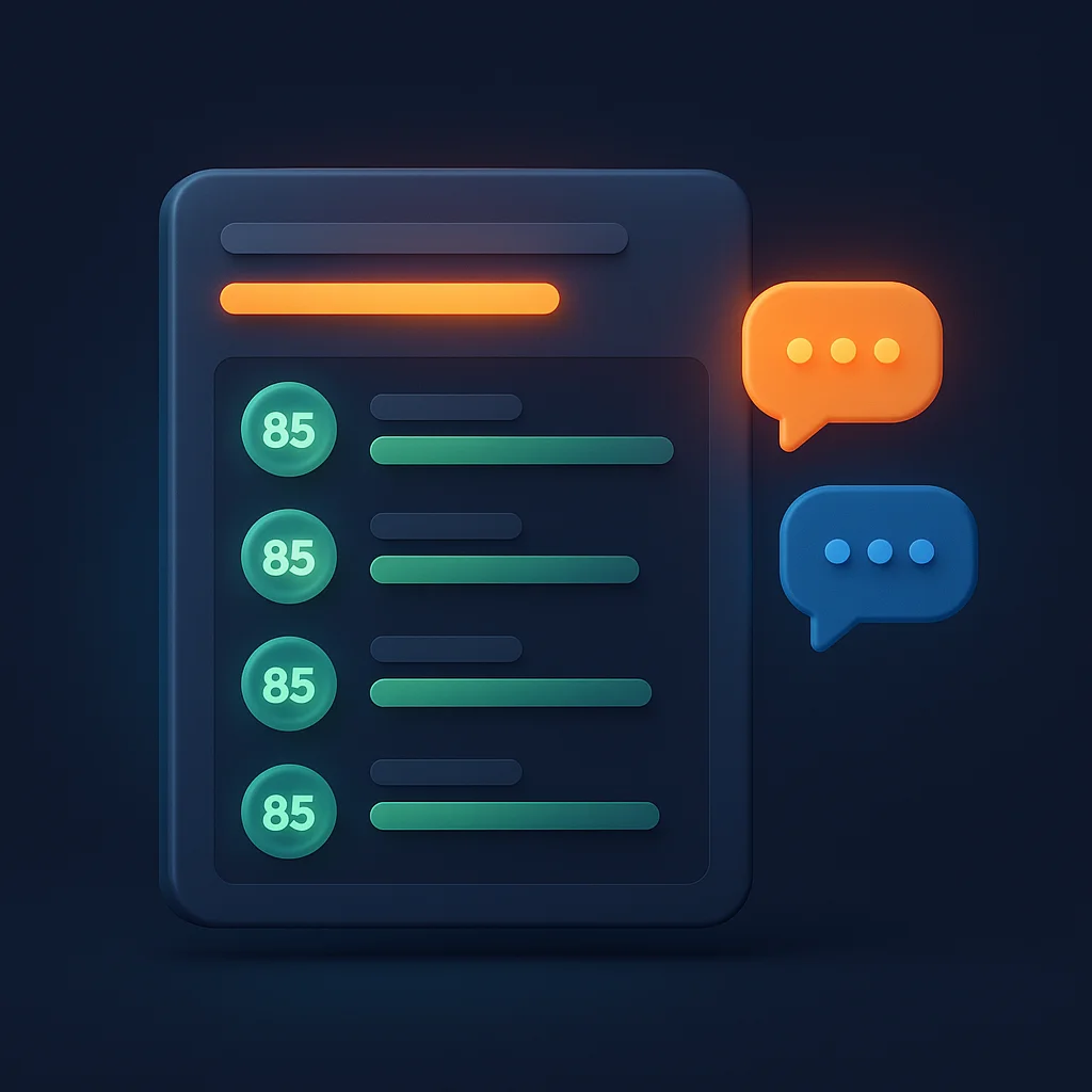 A clean concept illustration of a dashboard with visibility scores and a brand name glowing above AI chat bubbles.