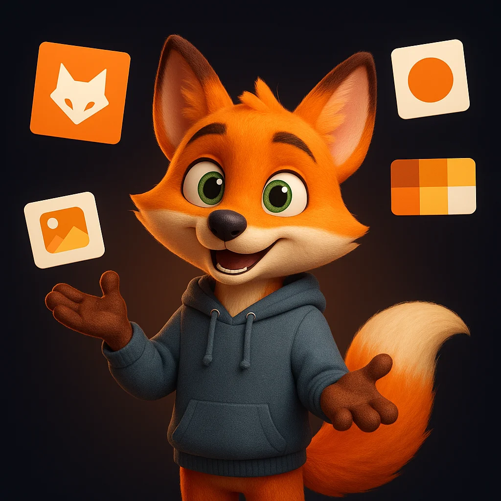 The FoxRadar fox mascot standing and pointing at floating logo cards and color swatches.
