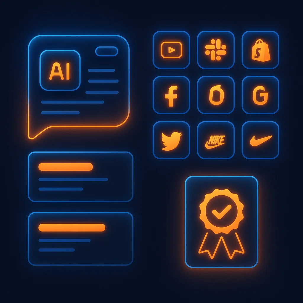 A clean concept illustration of glowing interface cards showing logos and color swatches on a dark background.