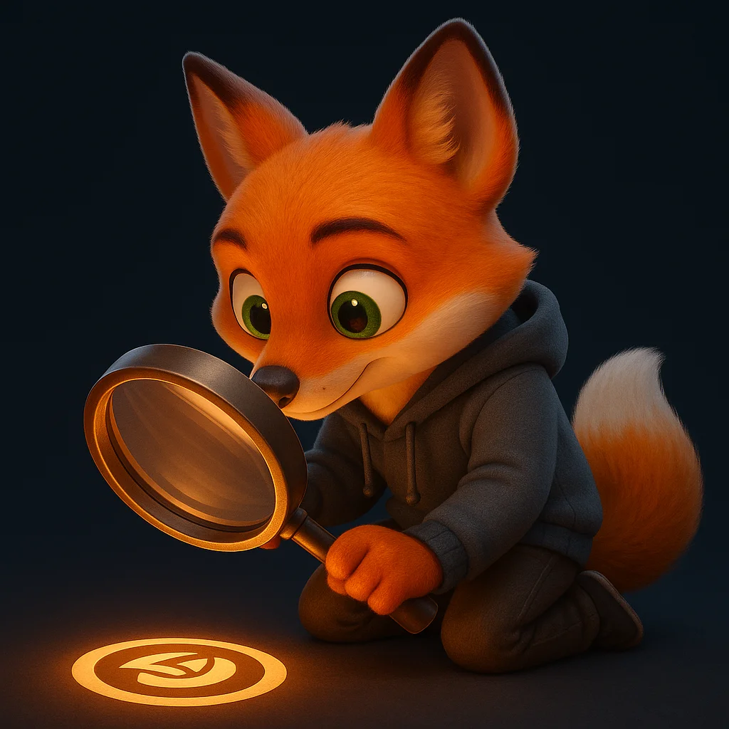 The FoxRadar fox mascot holding a magnifying glass and closely inspecting a glowing logo.