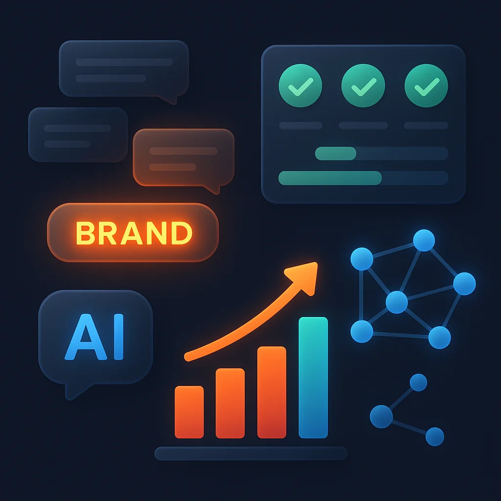 A clean concept illustration of a bright brand name glowing stronger than faded competitors above chat bubbles.
