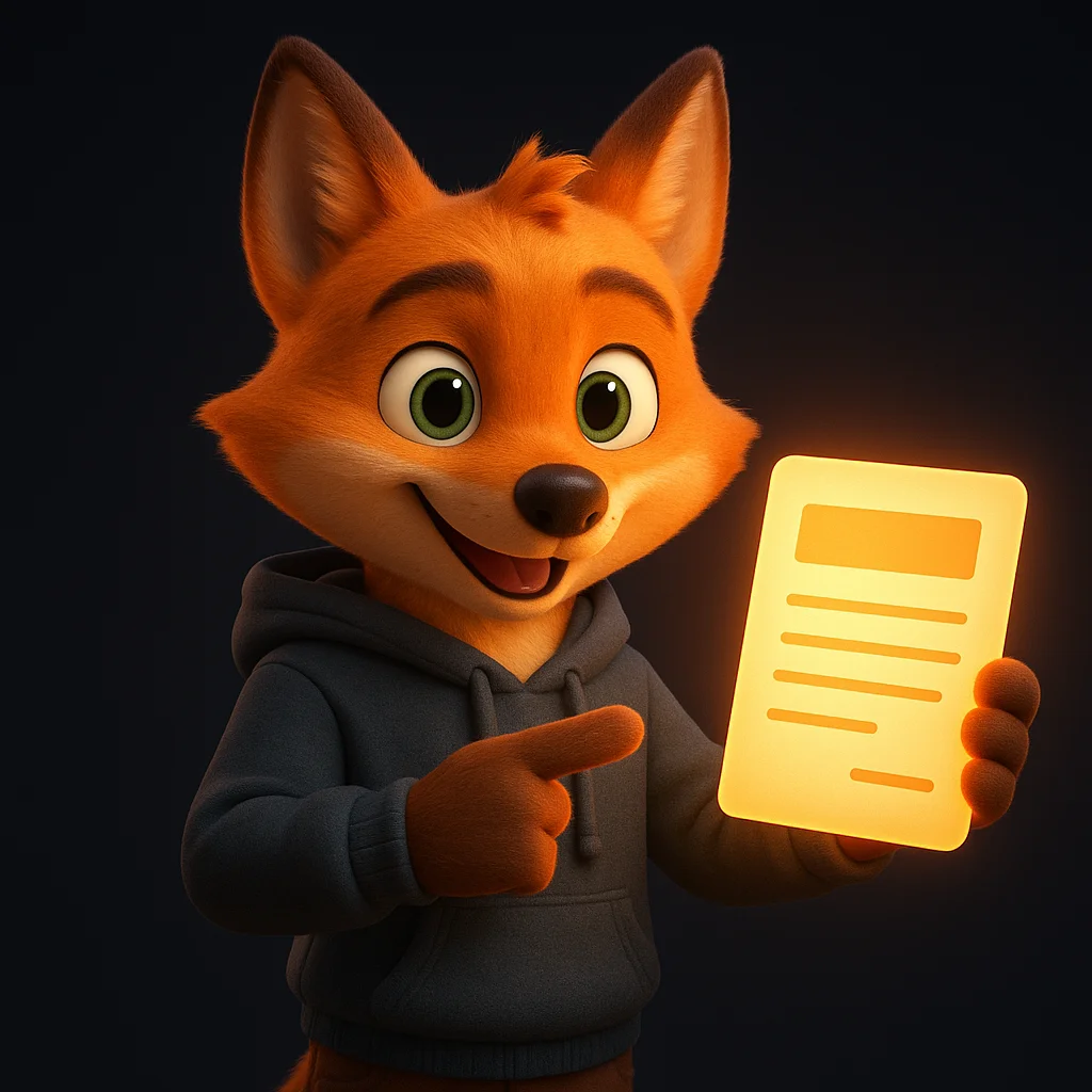 The FoxRadar fox mascot holding a glowing document and pointing to it with a friendly smile.