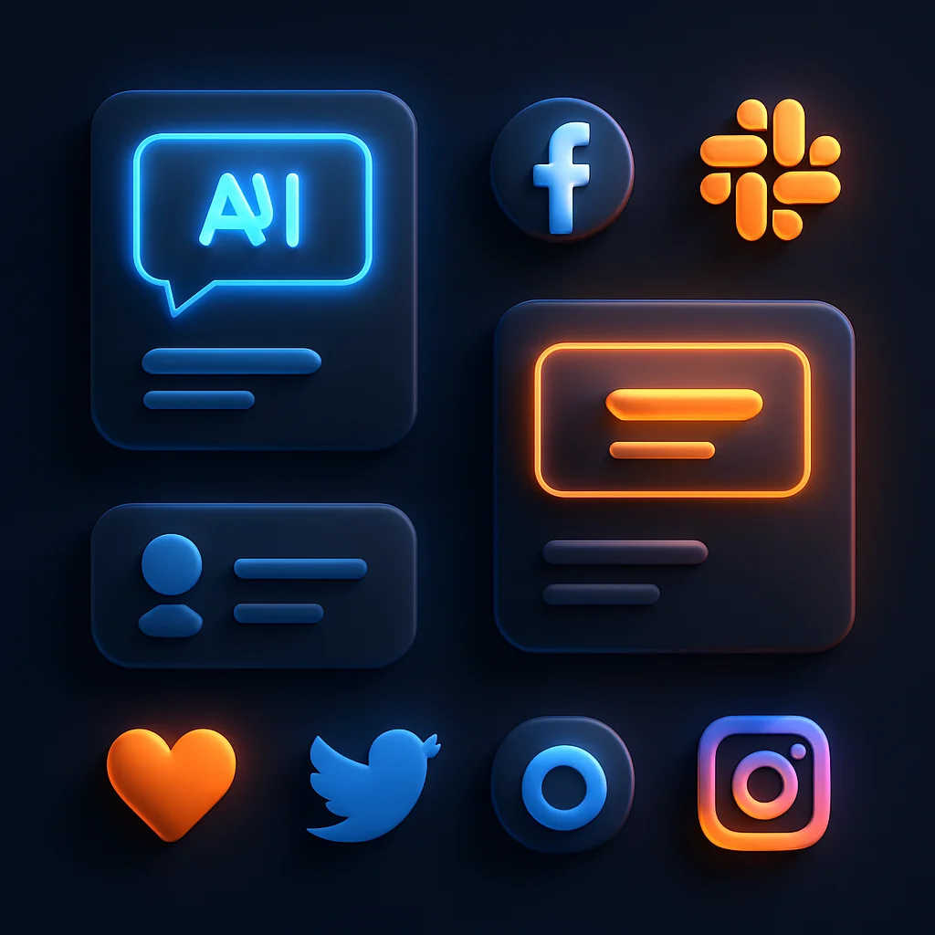 Floating logo icons and clean interface cards glowing on a dark background.