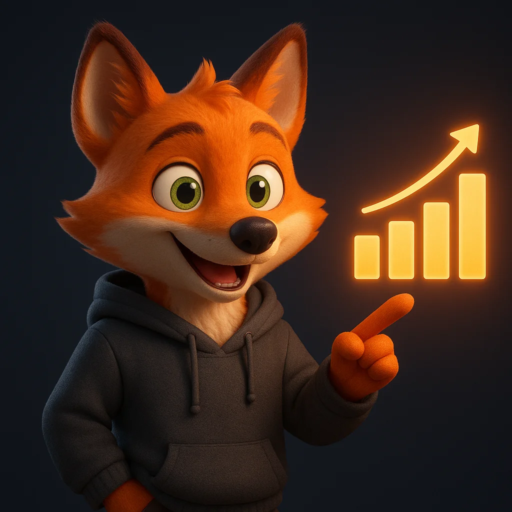 The FoxRadar fox mascot pointing at a rising chart with a confident expression.