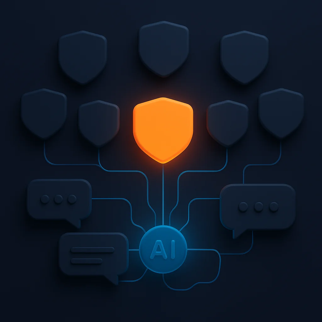 A bright brand icon glowing stronger than faded competitor icons around AI chat bubbles.