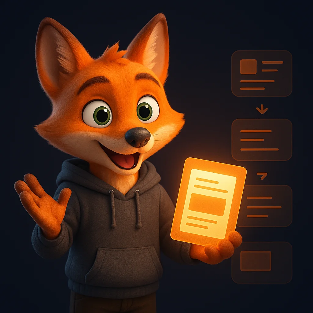 The FoxRadar fox mascot holding a glowing care guide and pointing to simple steps on floating panels.