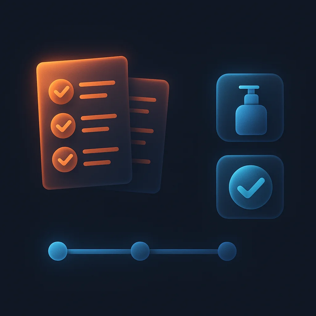 A clean concept illustration showing glowing checklist cards and care schedule icons on a dark background.