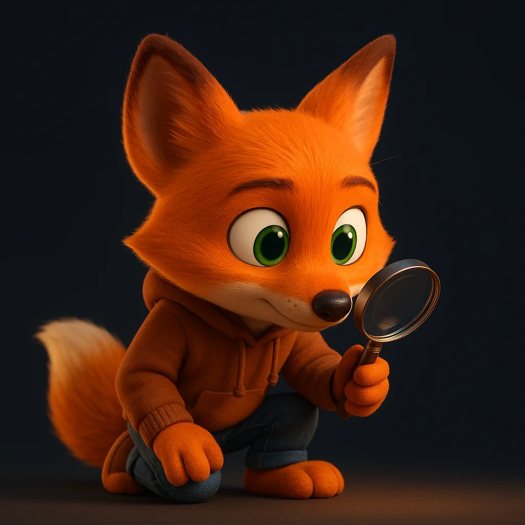 The FoxRadar fox mascot kneeling and inspecting a finished product closely with a friendly, focused look.