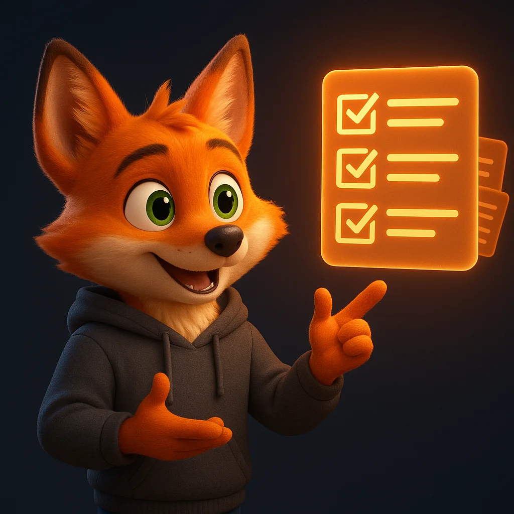 The FoxRadar fox mascot stands and points at a floating maintenance checklist with a confident smile.