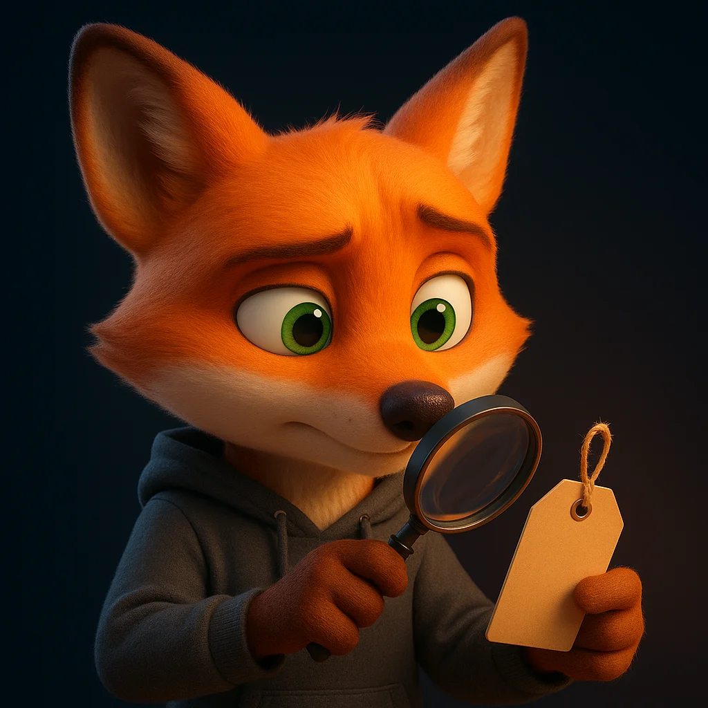 The FoxRadar fox mascot holds a magnifying glass and inspects a product tag with focused attention.