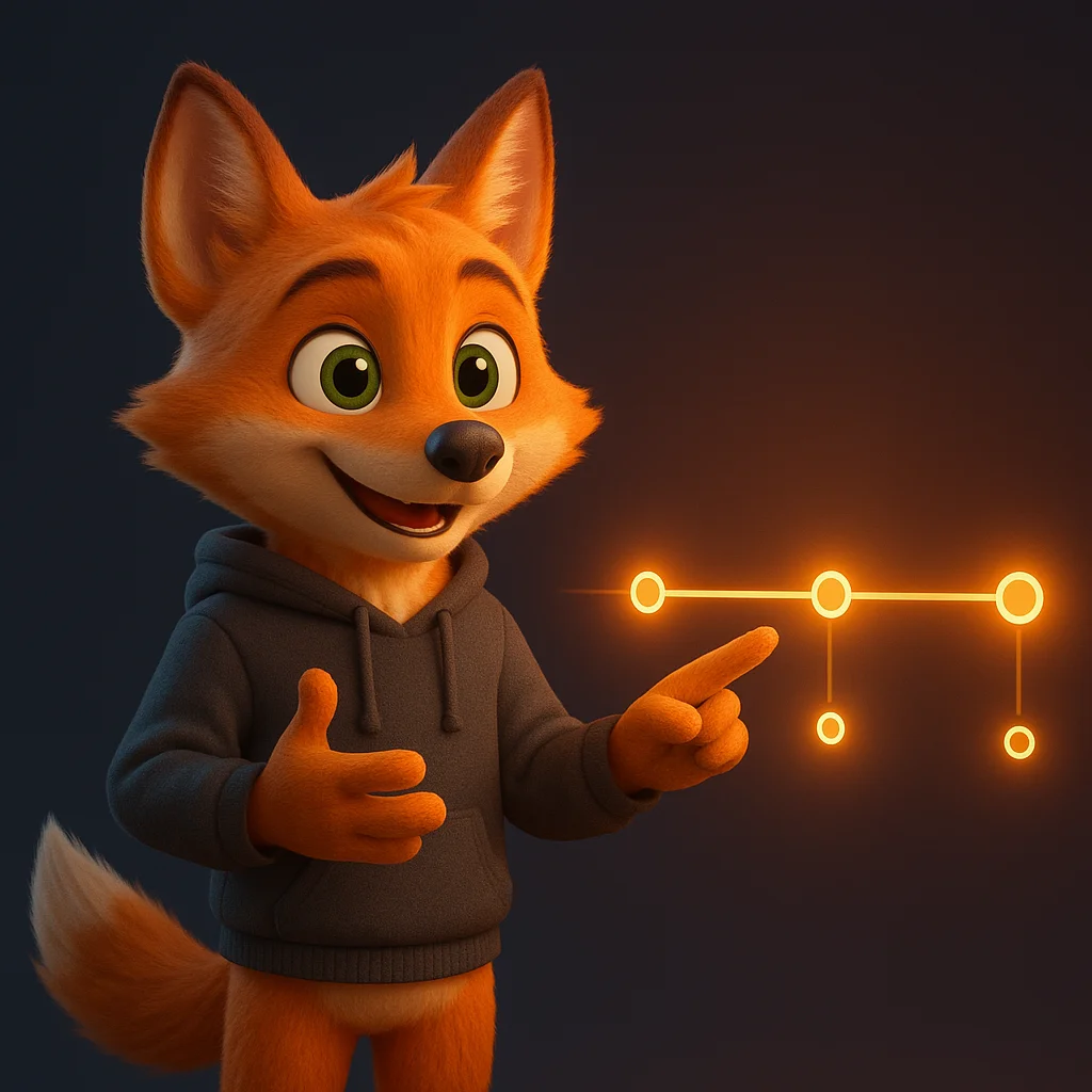 The FoxRadar fox mascot standing and pointing at floating timeline data with clear date markers.