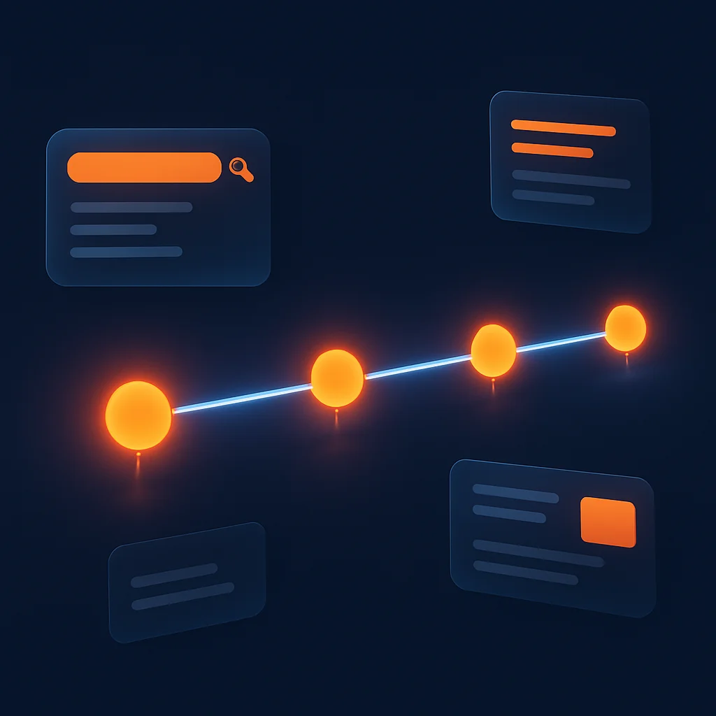 A clean concept illustration of a glowing timeline with bright date nodes and linking lines on a dark background.