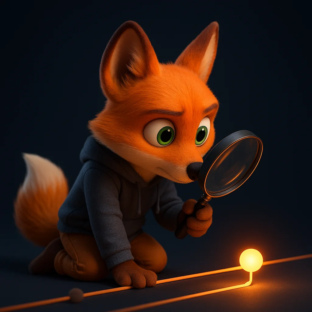 The FoxRadar fox mascot kneeling and inspecting a timeline node closely with a magnifying glass.