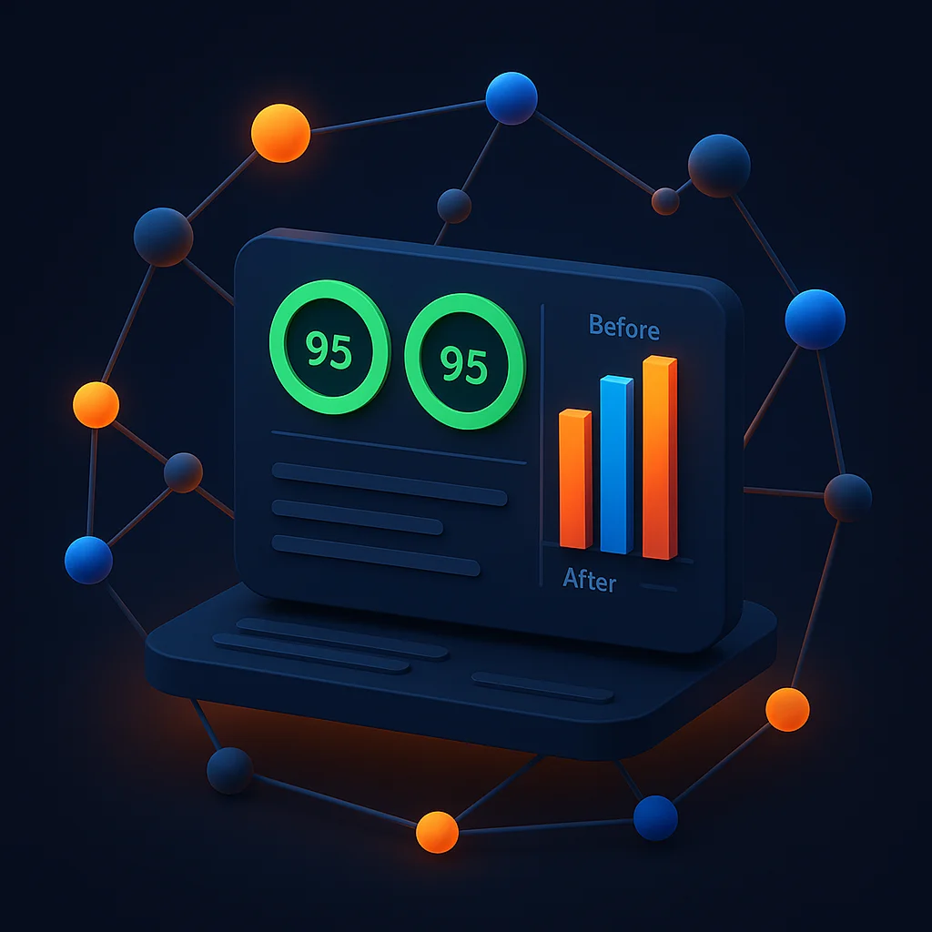 A clean concept illustration of a dashboard showing rising visibility scores after updating a company timeline.