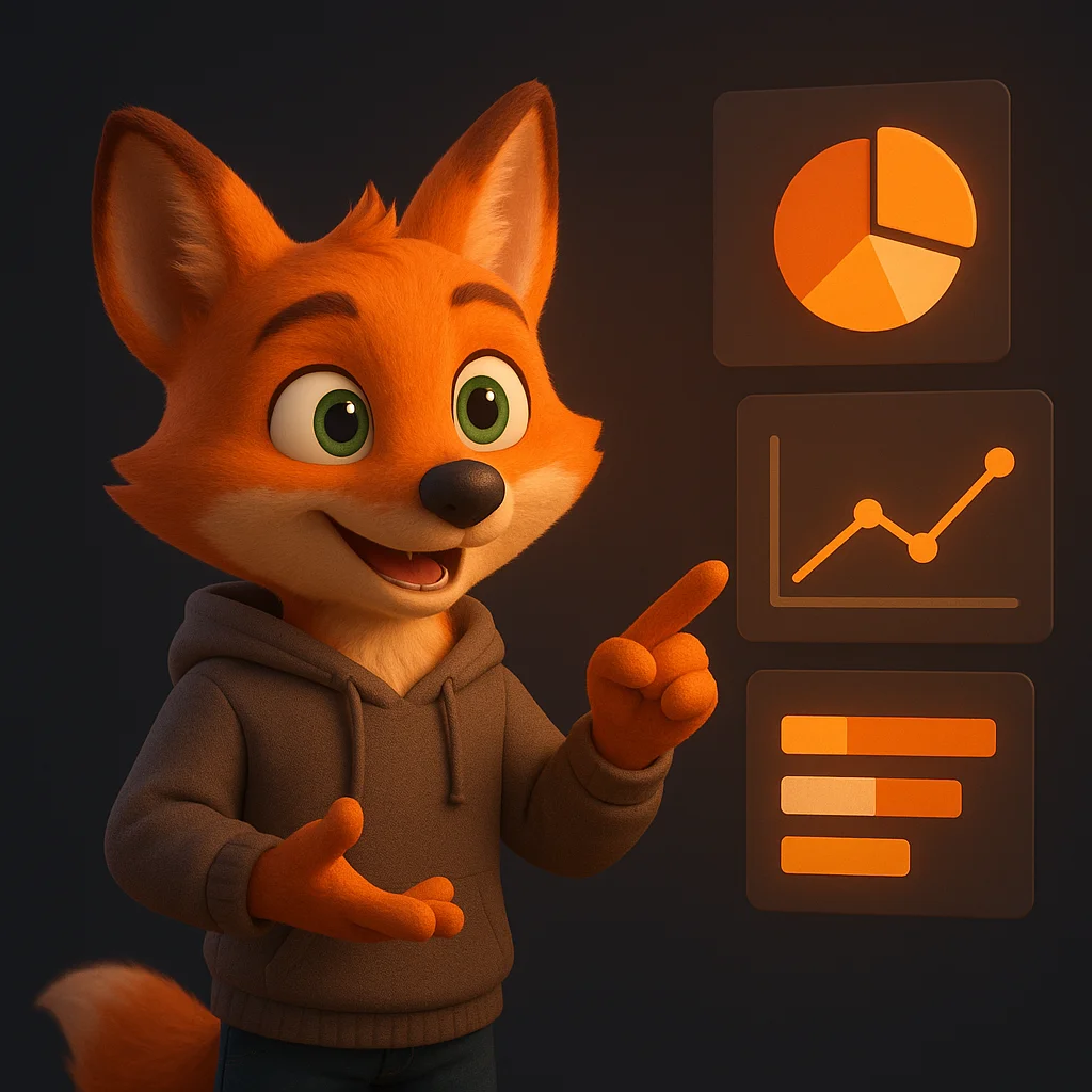 The FoxRadar fox mascot stands and points at floating comparison cards, explaining choices with a confident smile.