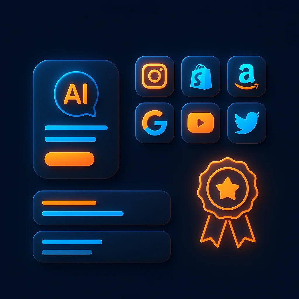 A clean concept illustration of glowing comparison cards and search results arranged in a grid on a dark background.