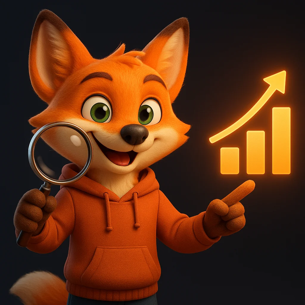 The FoxRadar fox mascot holds a magnifying glass toward a rising comparison chart, celebrating a clear verdict.