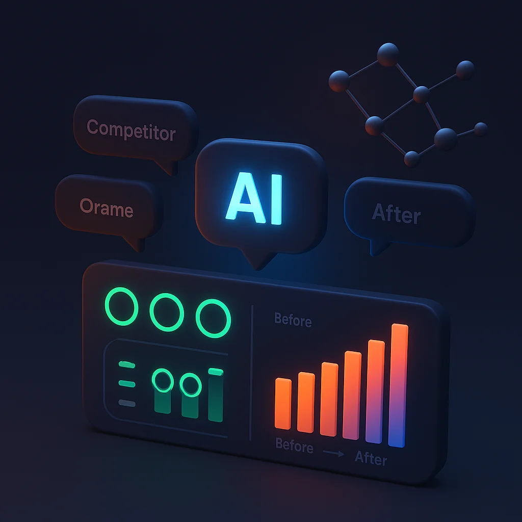 A clean concept illustration showing one brand name glowing brighter than faded competitors above AI chat bubbles.