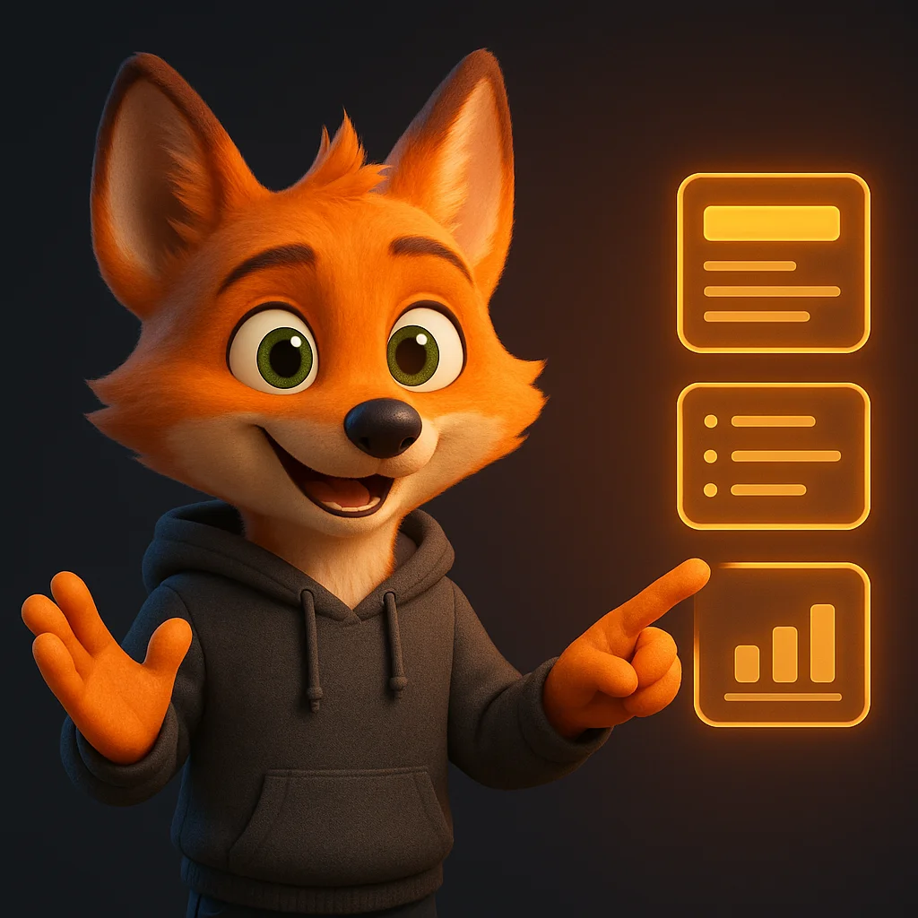 The FoxRadar fox mascot stands and points at floating data panels, guiding the reader on how to create a prompts page.