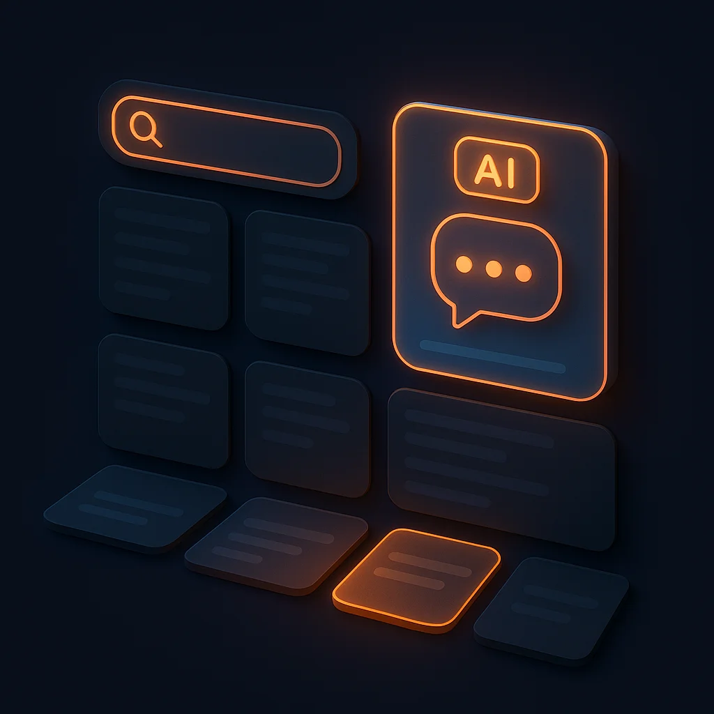 A clean concept illustration of glowing AI chat interface cards and search result tiles on a dark background, no fox present.