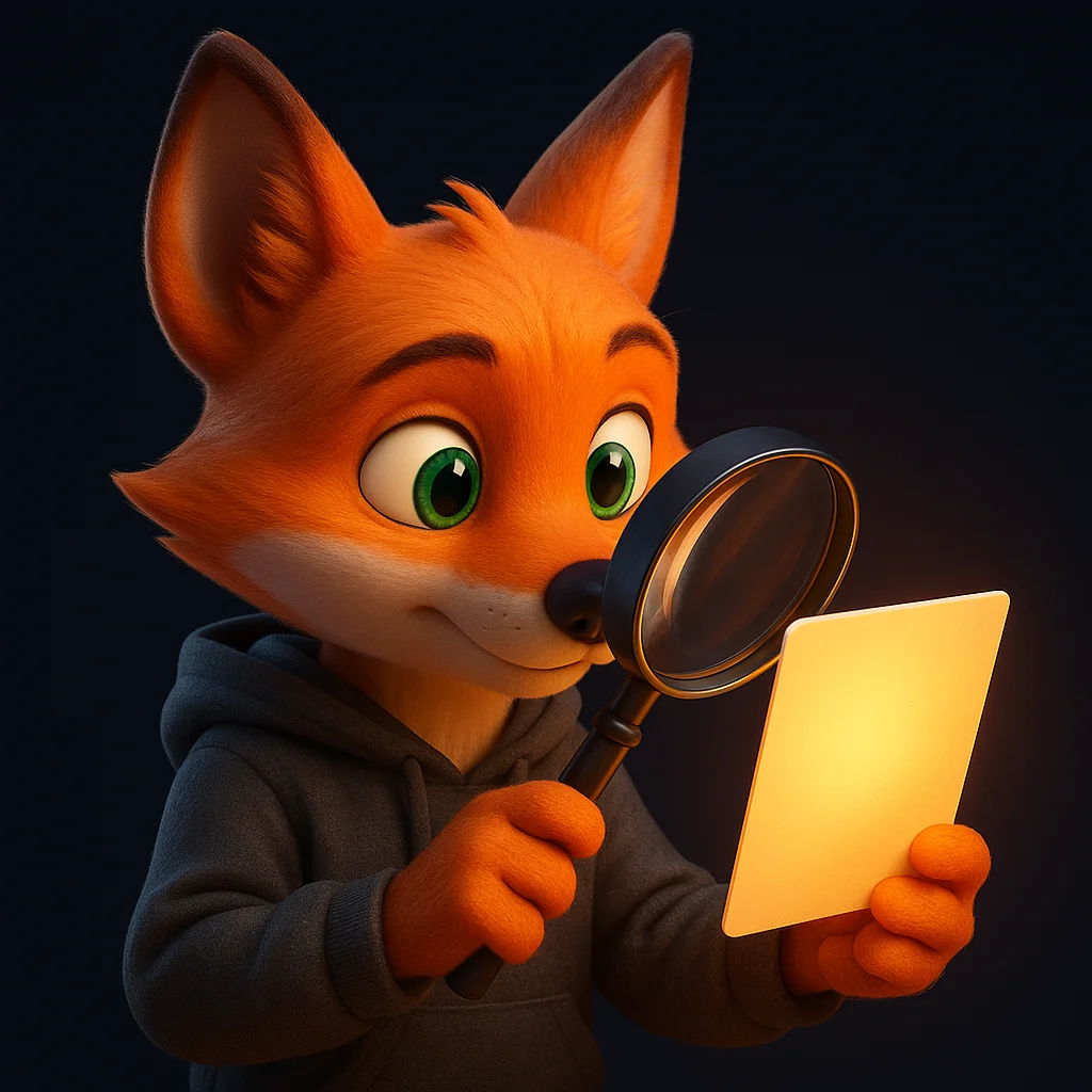 The FoxRadar fox mascot holds a large magnifying glass and smiles, showing how to refine and check strong prompts.