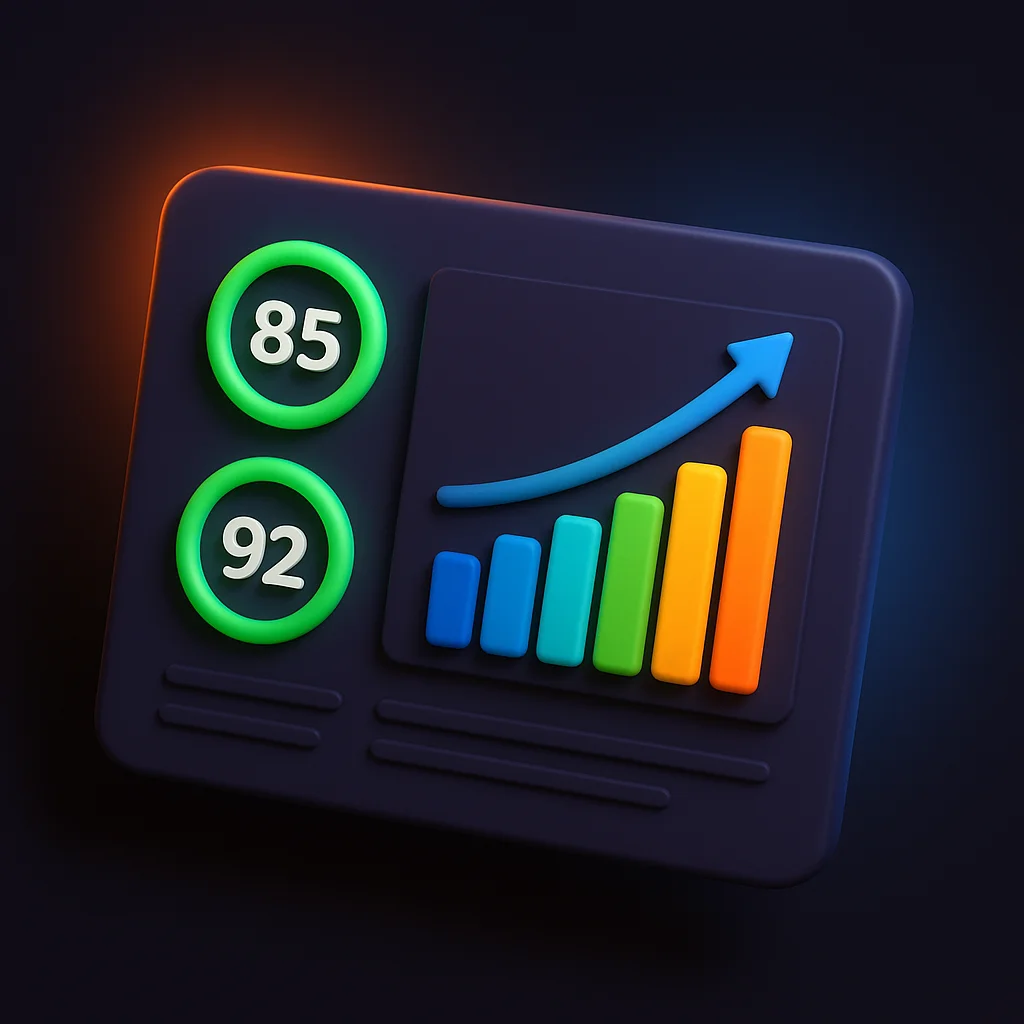 A clean concept illustration of a dashboard with bright visibility scores and a rising chart, no fox present.