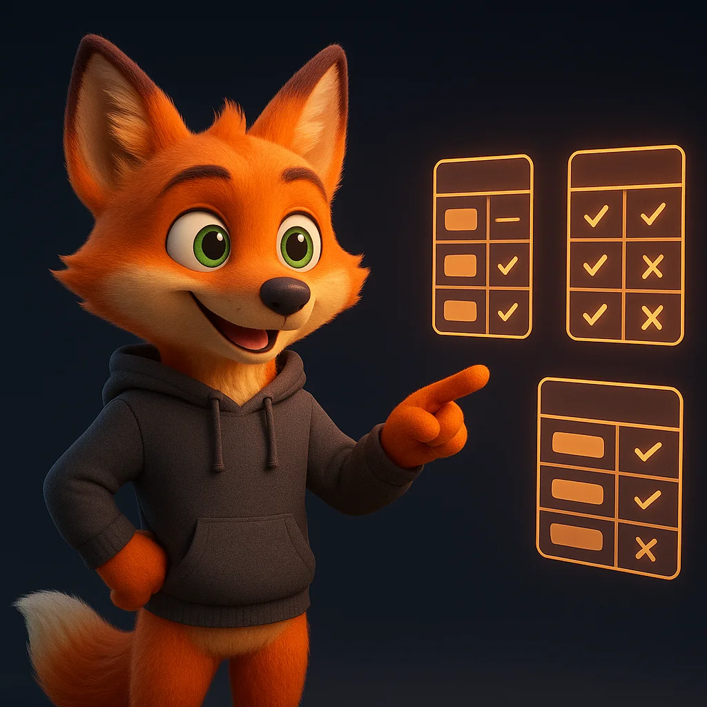 The FoxRadar fox mascot pointing at a floating, glowing data table to explain a cross‑reference map.
