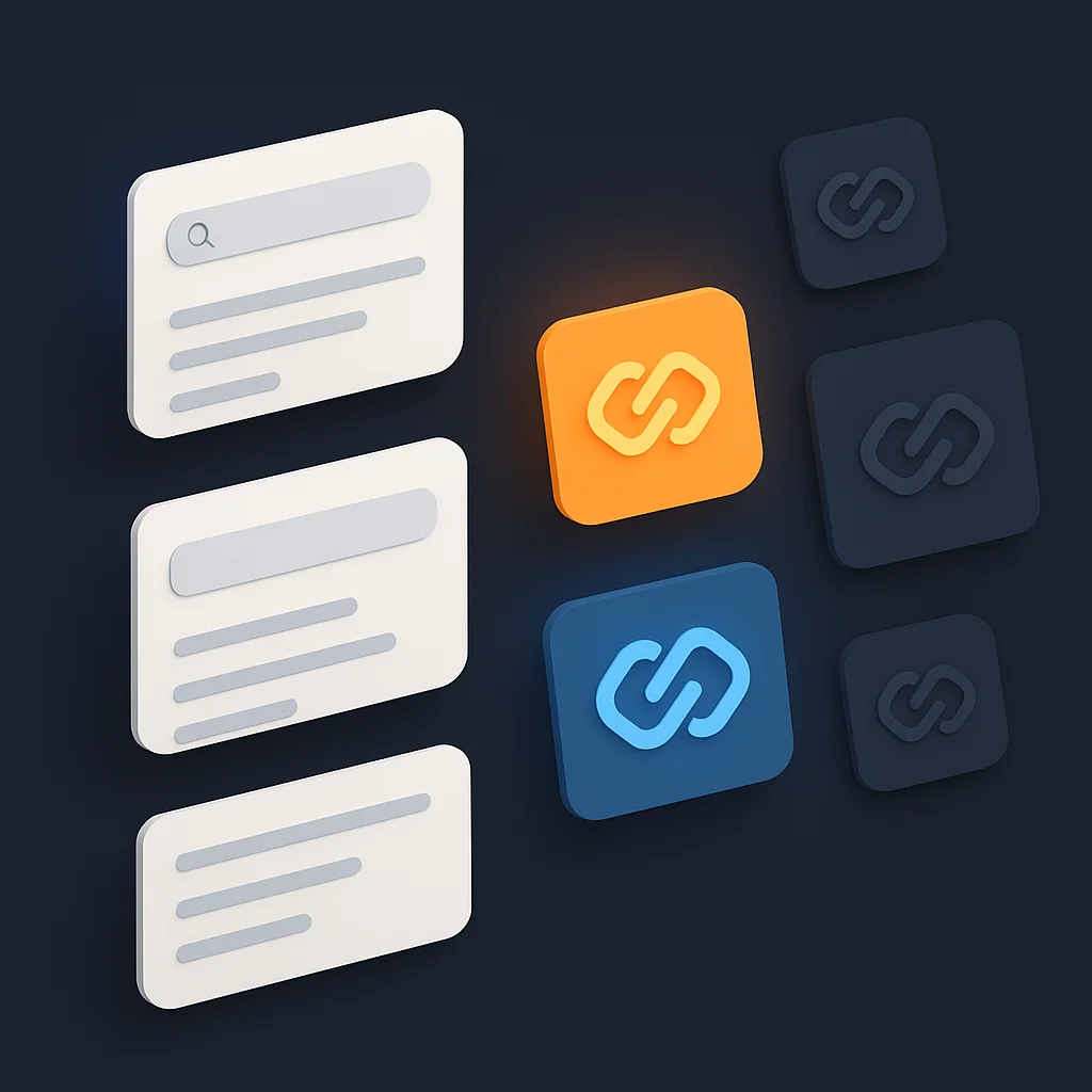 A dark 3D interface with floating search result cards and glowing highlights showing brand matches.