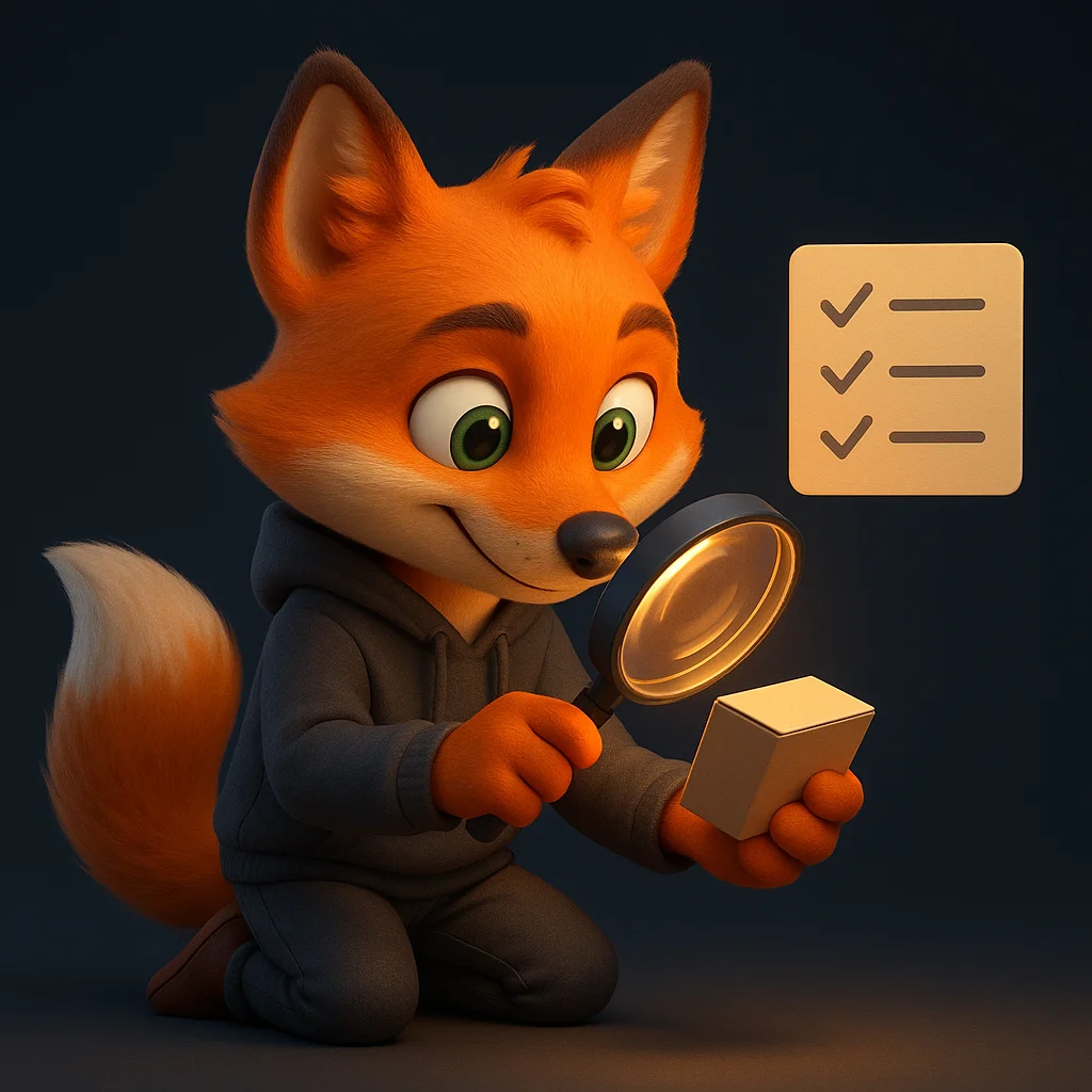The FoxRadar fox mascot kneeling and inspecting a part with a magnifying glass beside a simple checklist.
