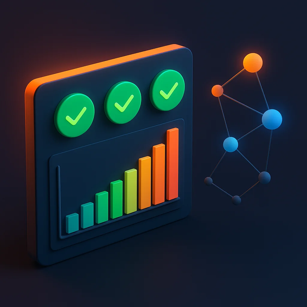 A clean 3D dashboard with a bright visibility score and rising charts showing better AI mentions.