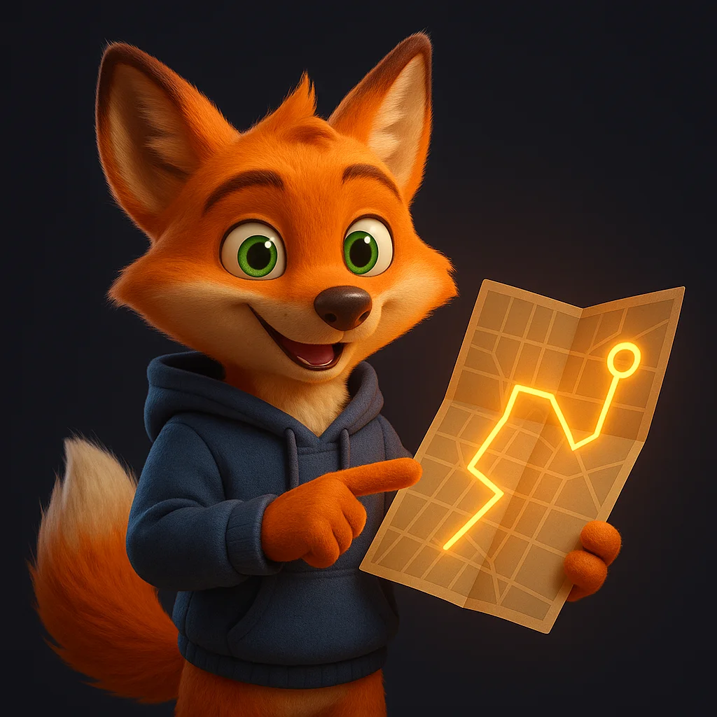 The FoxRadar fox mascot holding a glowing map and pointing toward a highlighted entrance route.