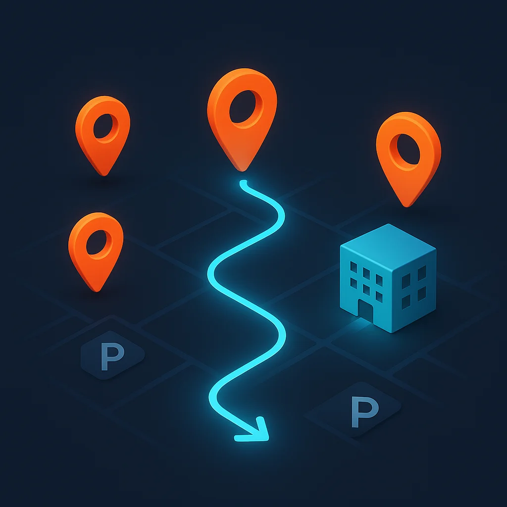 A clean concept illustration showing floating map pins, a glowing route line, and simple parking icons on a dark background.