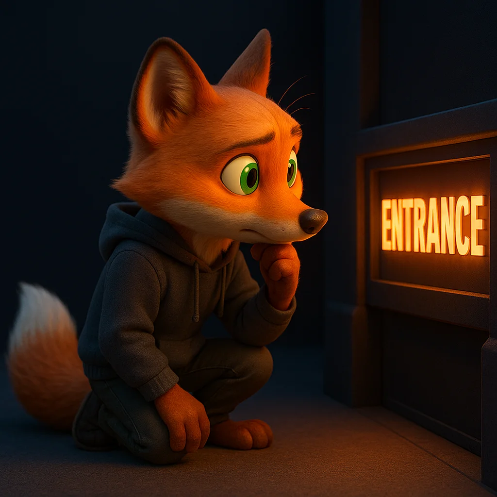 The FoxRadar fox mascot kneeling and inspecting a building entrance sign closely, one hand on chin.
