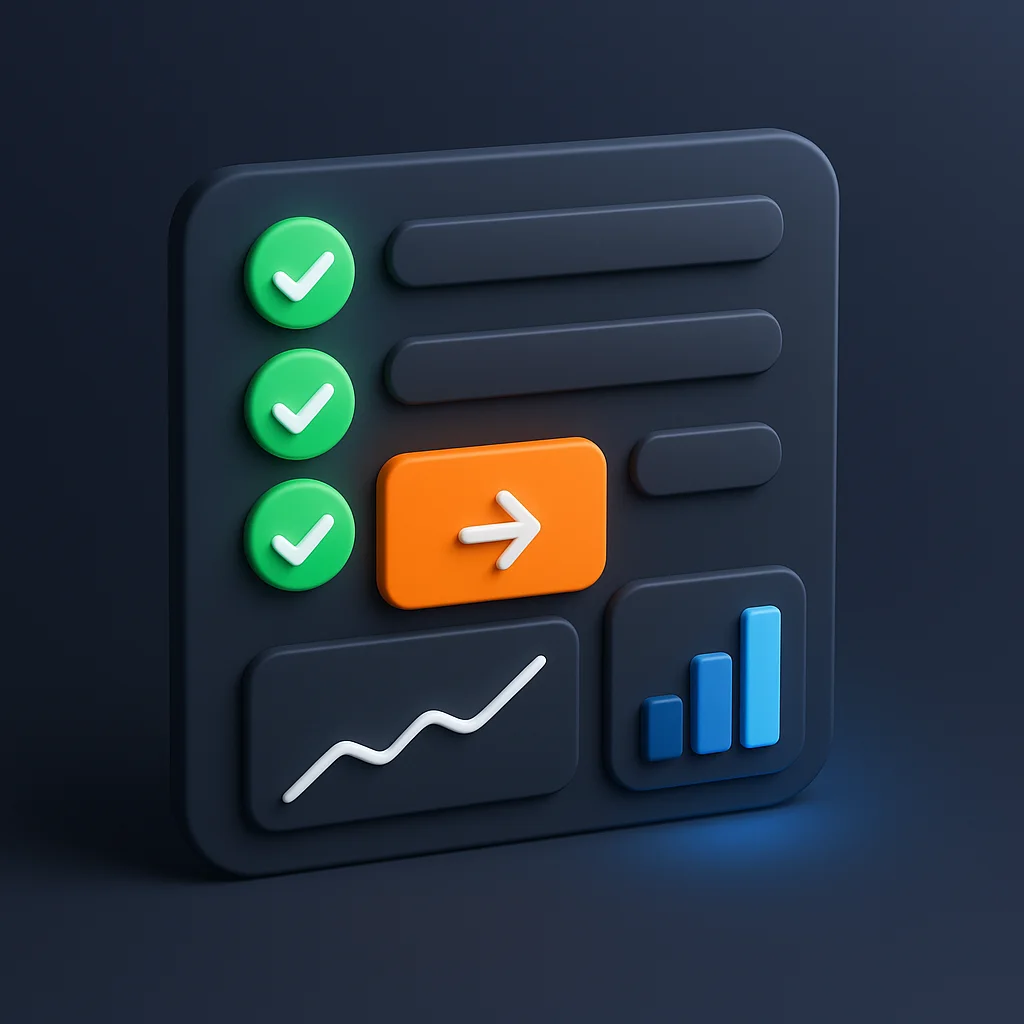 A clean concept illustration of a dashboard with visibility checks and a bright link card for a Directions page.