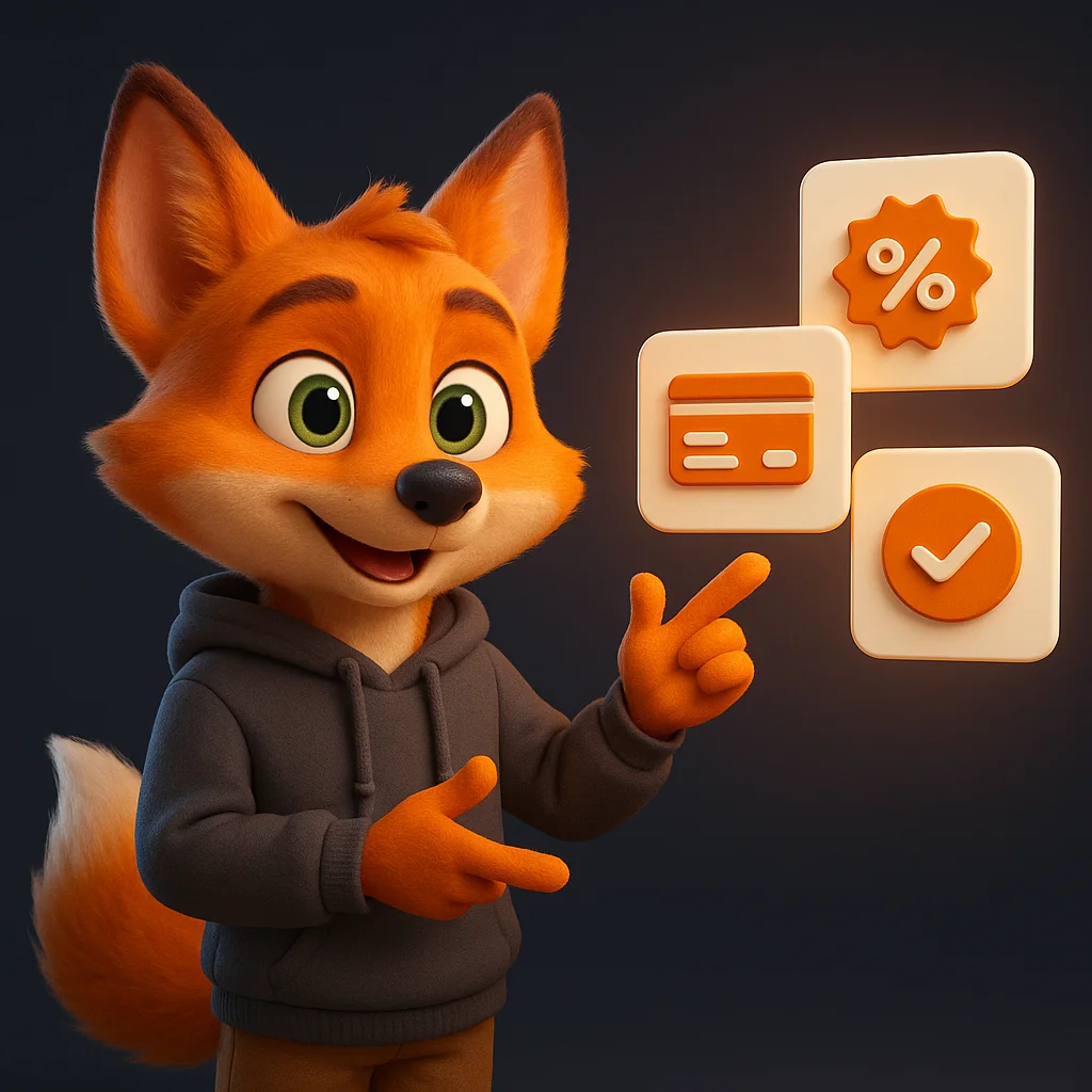 The FoxRadar fox mascot stands and points at floating payment icons and discount badges, guiding the reader.