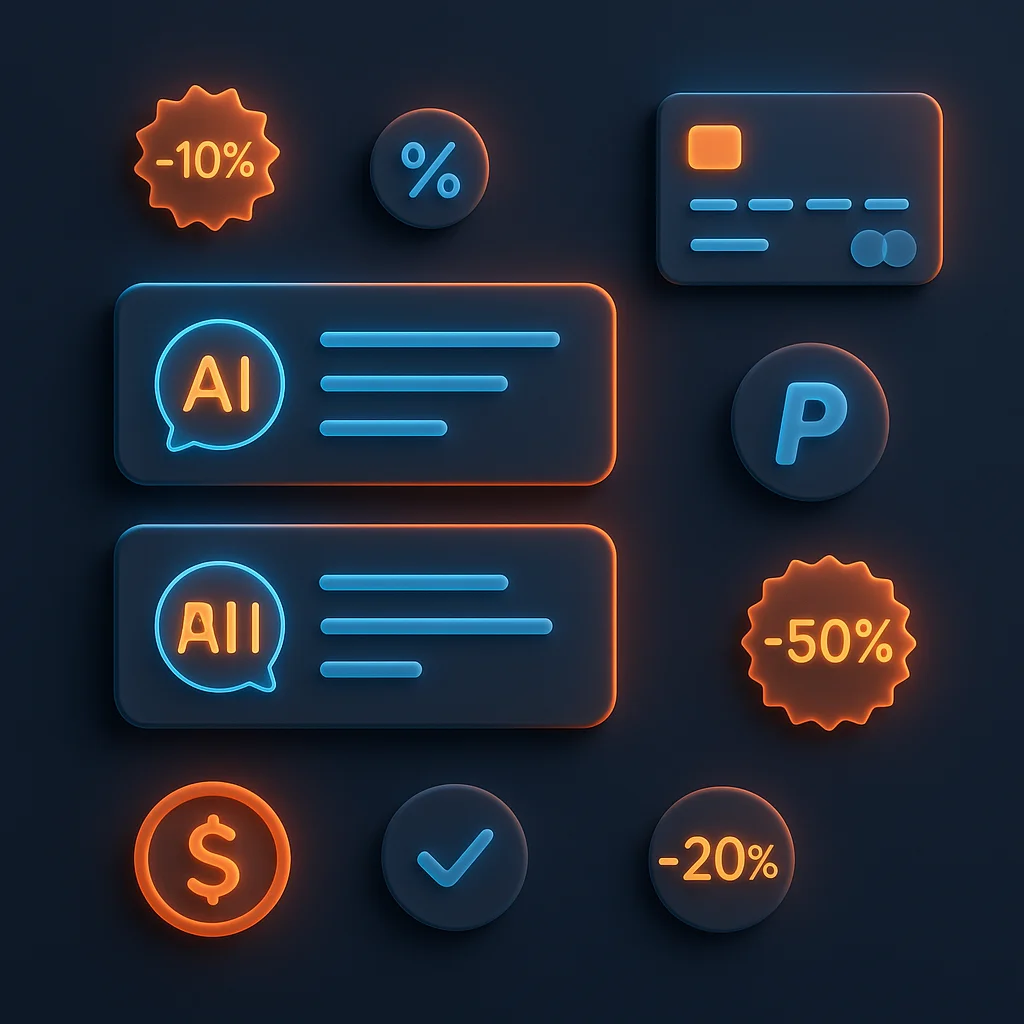A clean concept illustration of glowing AI chat cards and payment method icons on a dark background.