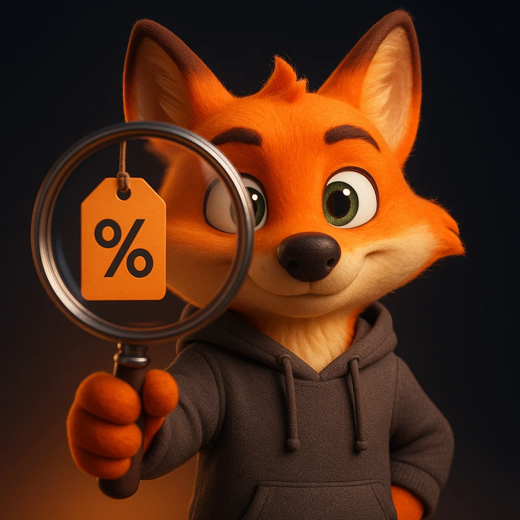 The FoxRadar fox mascot holds a magnifying glass and smiles, showing a clear discount tag inside the lens.