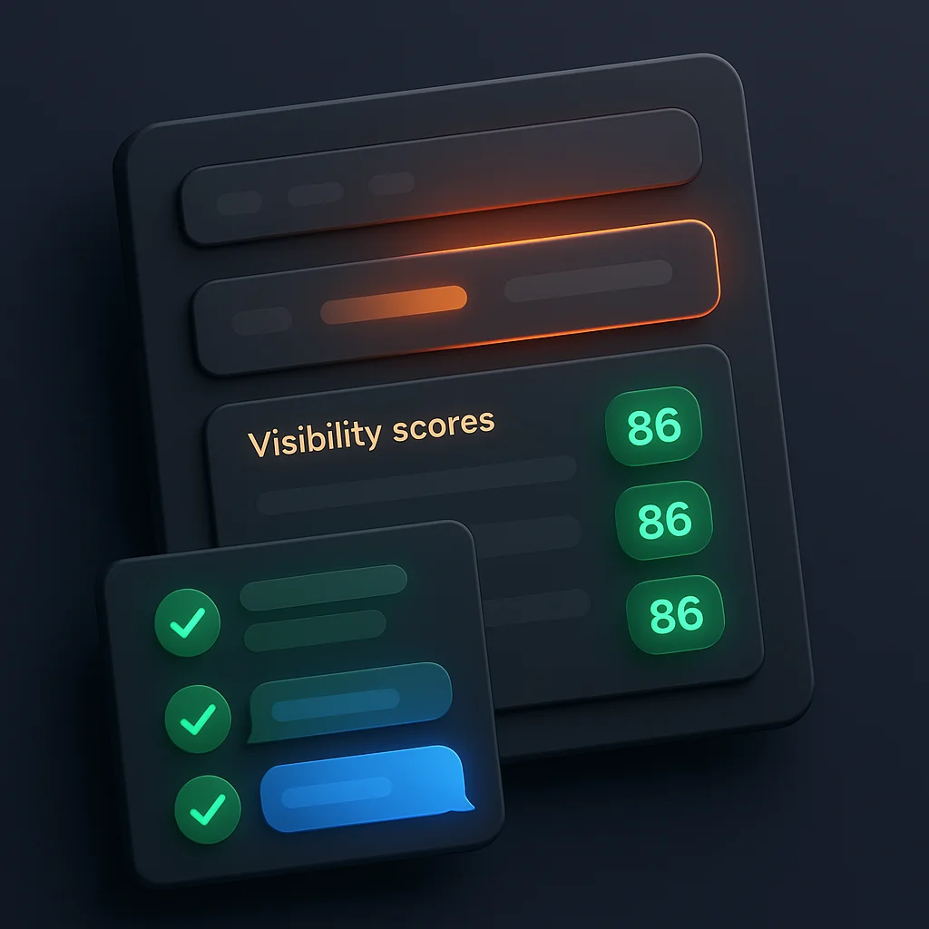 A concept illustration of a dashboard with bright visibility scores and a brand name glowing above AI chat bubbles.