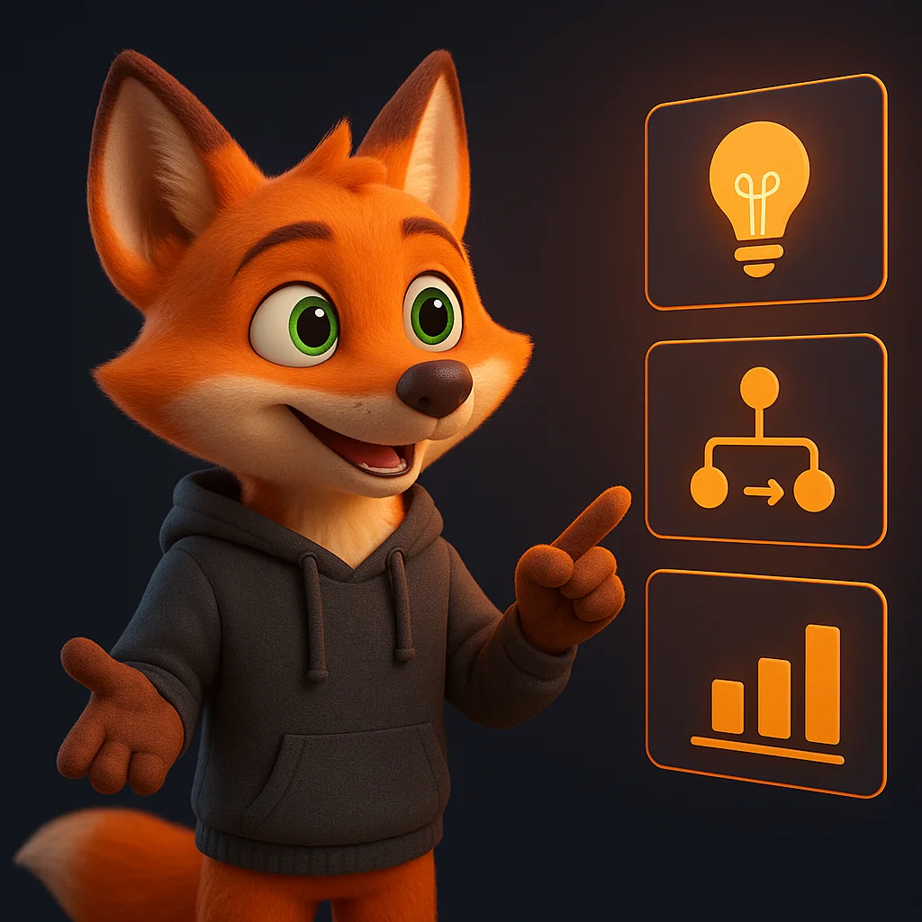 The FoxRadar fox mascot standing and pointing at floating step-by-step guide elements, confident and friendly.