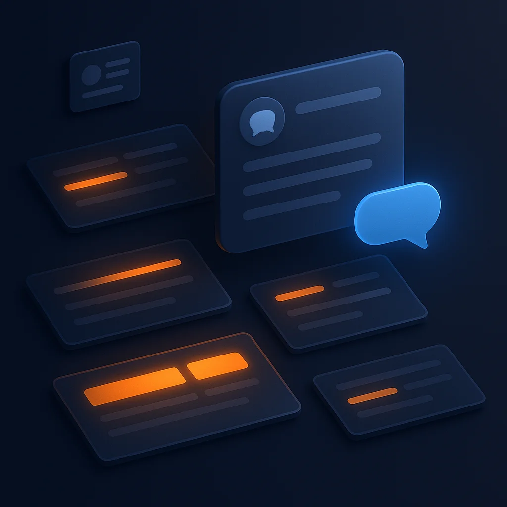 A clean concept illustration of glowing AI chat interface cards and search result tiles on a dark background.