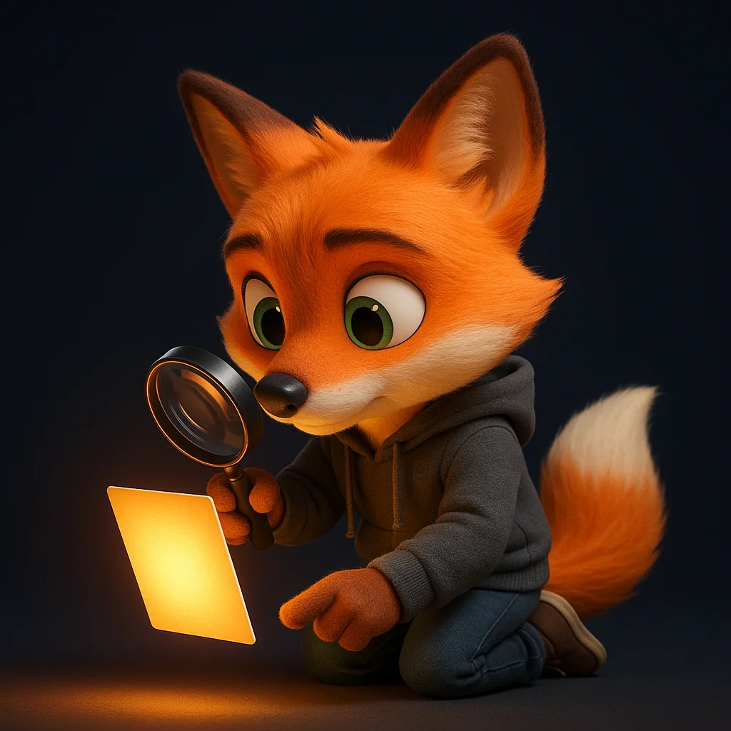 The FoxRadar fox mascot holding a magnifying glass and inspecting a small guide card closely.