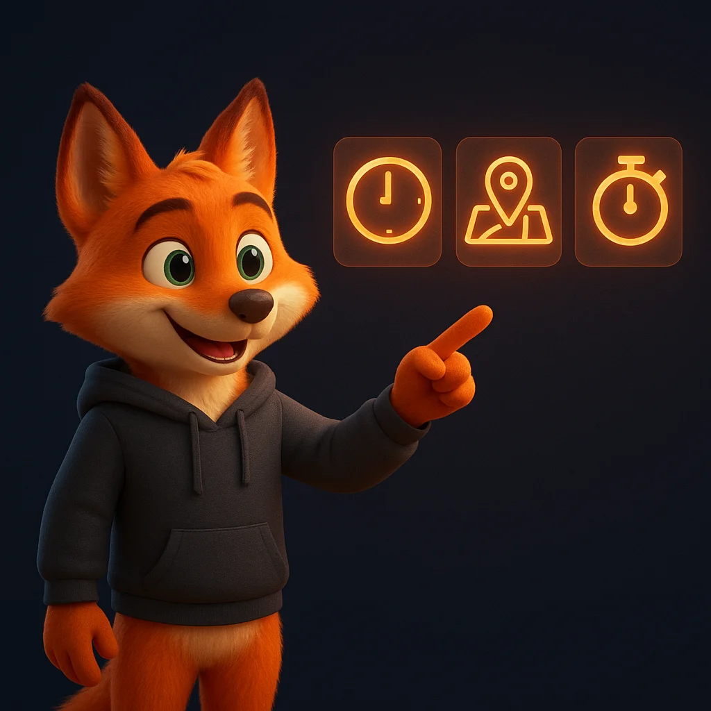 The FoxRadar fox mascot stands and points at floating data panels that show hours, areas, and response times.