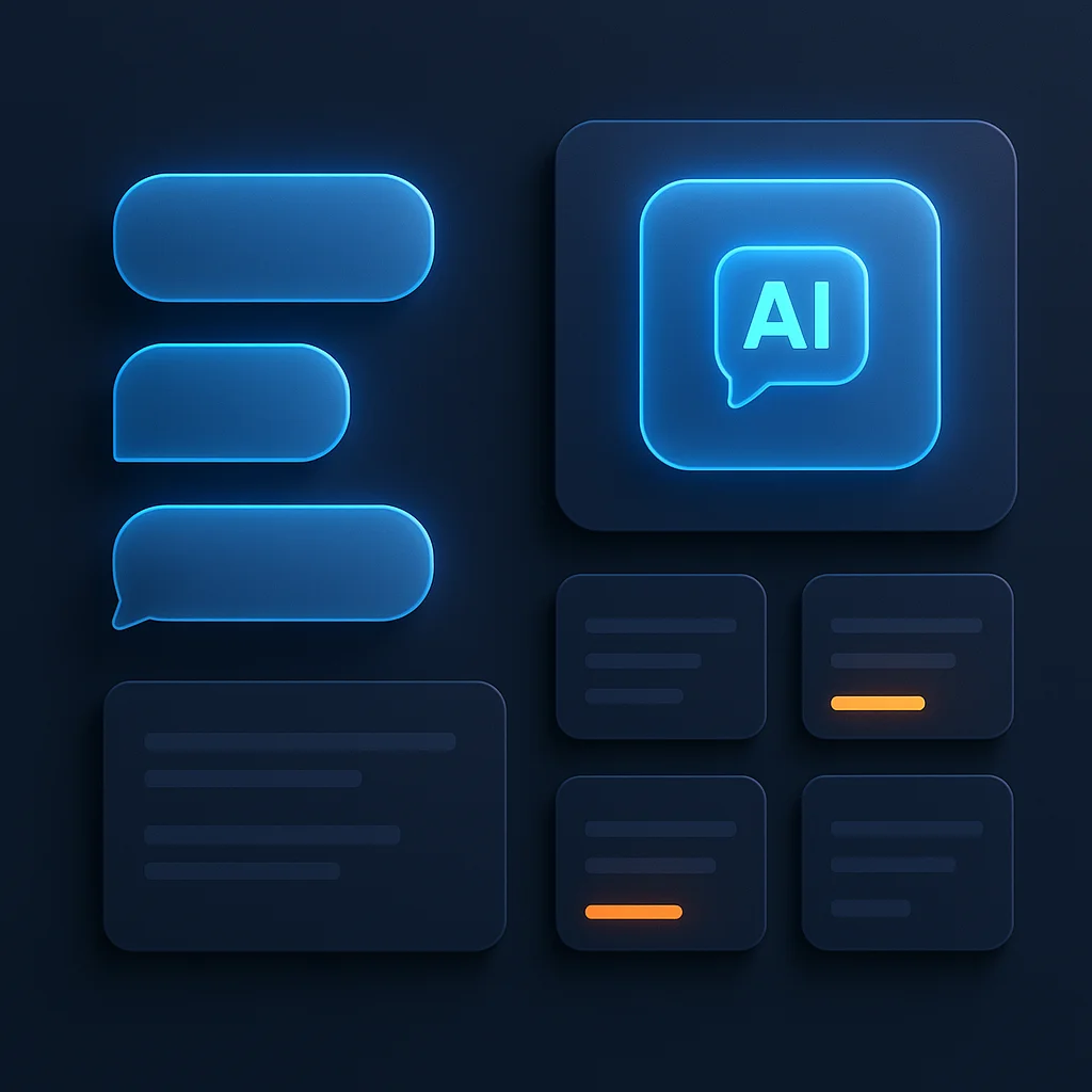 A clean 3D concept image of glowing AI chat interface cards and search result tiles on a dark background, no characters.