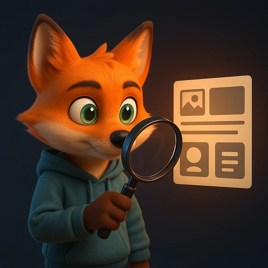 The FoxRadar fox mascot holds a magnifying glass and examines a simple page layout with clear labeled sections.